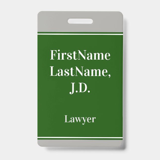 Professional, Green, Custom Lawyer Name Badge (Front)
