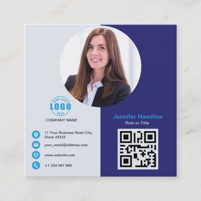 Professional Grey Blue add your Photo QR Code Squa Square Business Card (Front)