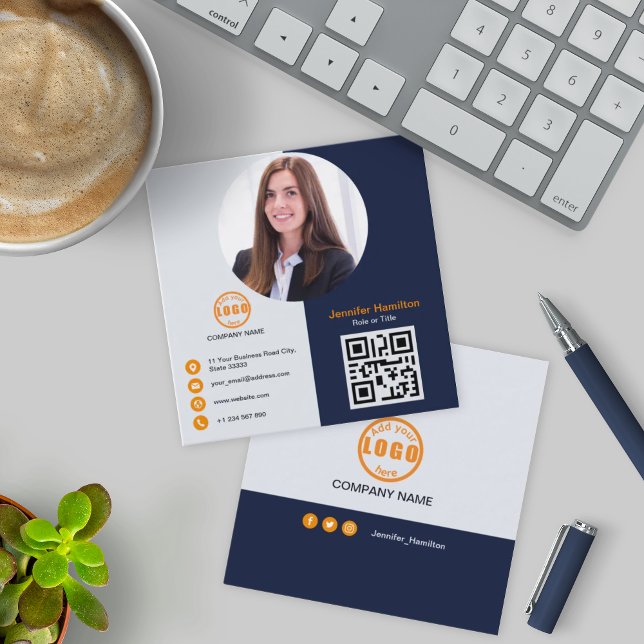Professional Grey Orange add your Photo QR Code Sq Square Business Card (Creator Uploaded)