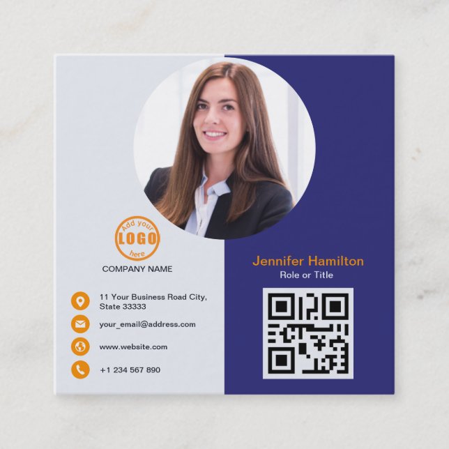 Professional Grey Orange add your Photo QR Code Sq Square Business Card (Front)