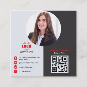 Professional Grey Red add your Photo QR Code Squar Square Business Card