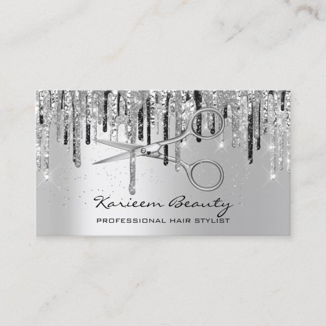 Professional Hair Stylist Silver Drips Scissors Business Card (Front)