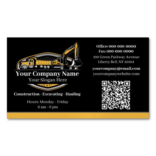 Professional Heavy Equipment Construction Company  Magnetic Business Card (Front)