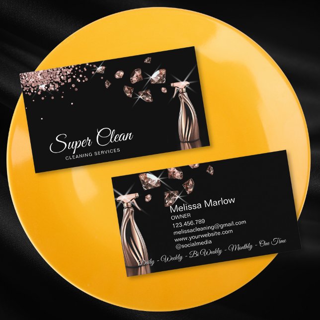 Professional House Cleaning Housekeeping Business Card (rose gold house cleaning spray bottle with diamonds)