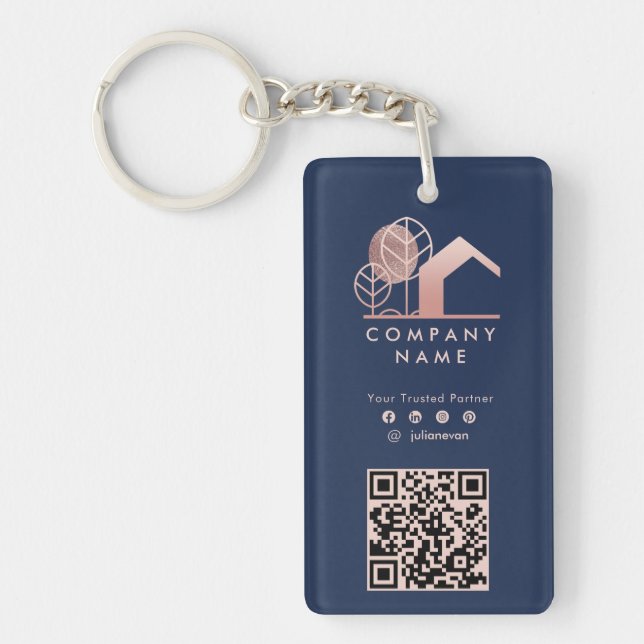 Professional House Logo Navy Blue Rose Gold Qr  Keychain (Front)