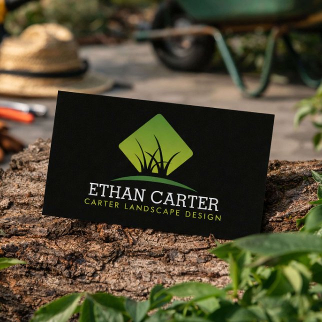 Professional Landscaping Green Grass Logo Black  Business Card (Creator Uploaded)