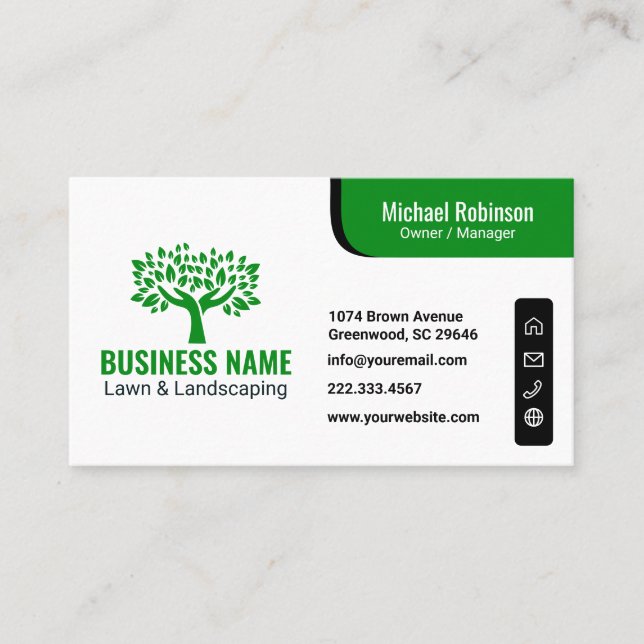 Professional Lawn Care Landscaping Tree Logo Business Card (Front)
