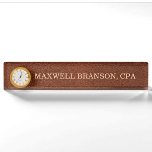 Professional Leather Brown Name Title Clock Nameplate