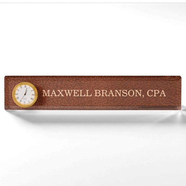 Professional  Leather Brown Name Title Clock Nameplate (Front)