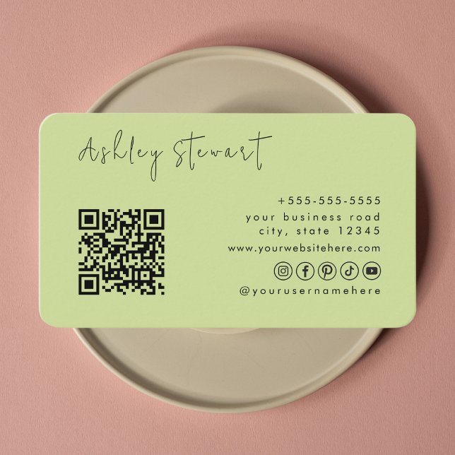 Professional Lime Green Qr Code Minimal Script Business Card (Creator Uploaded)