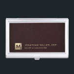 Professional Luxury Initial Logo Business Card Holder<br><div class="desc">Simple modern luxury design with brushed metallic gold initial logo medallion with personalized name,  title,  company name or custom text below on a rich oxblood leather look background. Personalize for your custom use.</div>