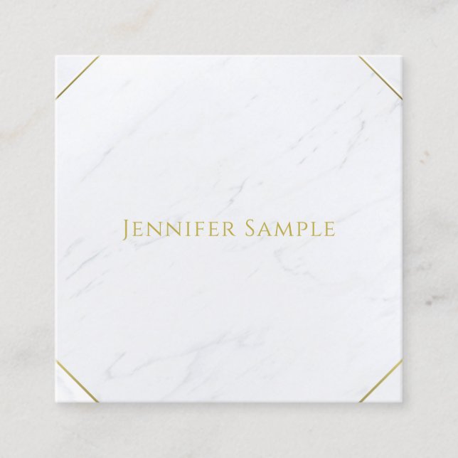 Professional Luxury White Marble Gold Text Modern Square Business Card (Front)