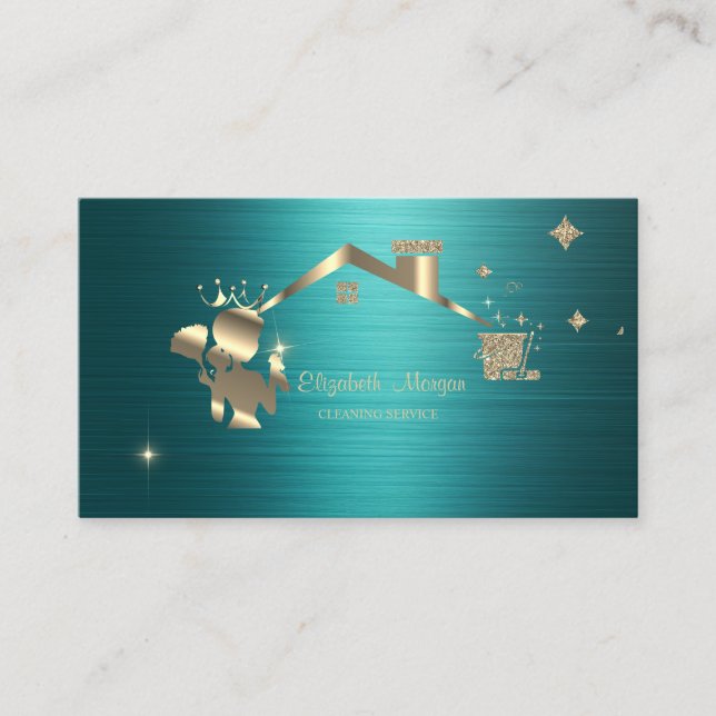 Professional Maid Cleaning House Green Metallic Business Card (Front)