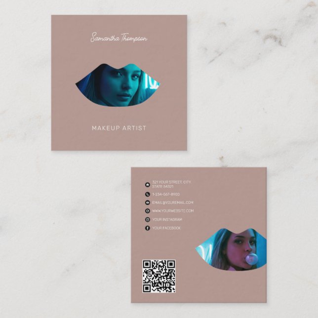 Professional Makeup Artist 2 Photo Lips Pink Square Business Card (Front/Back)