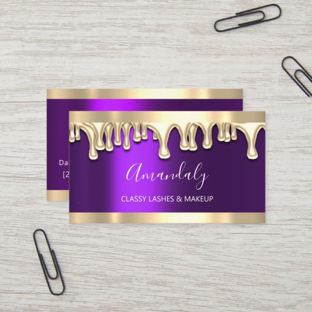 Professional Makeup Artist Gold Purple Viole Nails Business Card (Front/Back In Situ)