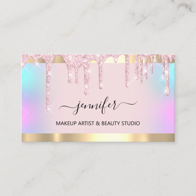 Professional Makeup Artist Pink Holograph Drip Lux Business Card (Front)