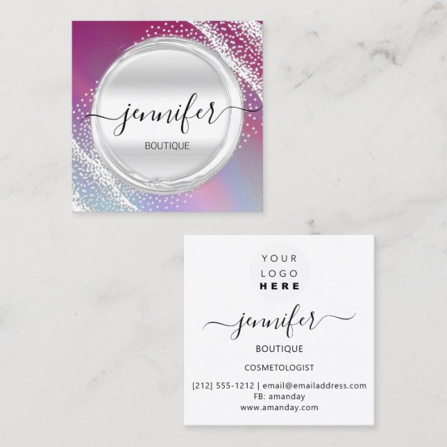 Professional Makeup Artist Silver Silver Grey Logo Square Business Card (Front/Back)