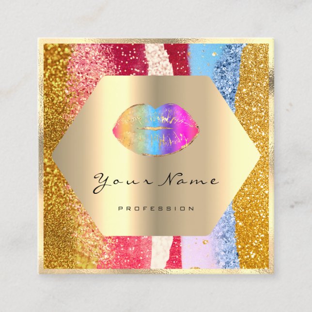 Professional Makeup Gold Glitter Rainbow Lips Kiss Square Business Card (Front)