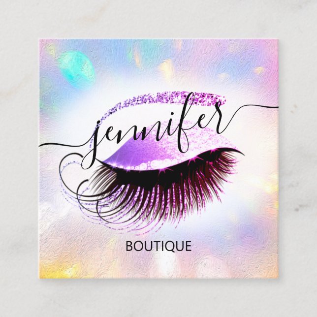 Professional Makeup Lash QR Code Holographic Pink Square Business Card (Front)