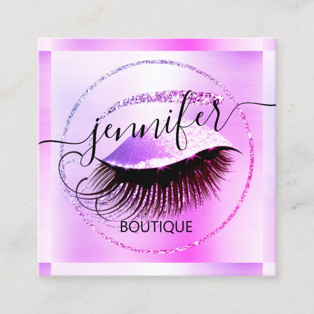 Professional Makeup Lash Shop QR Code Pink Glitter Square Business Card (Front)