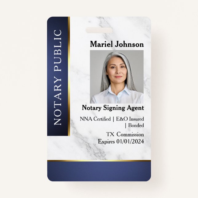 Professional Marble Blue Gold Notary Public ID  Badge (Front)