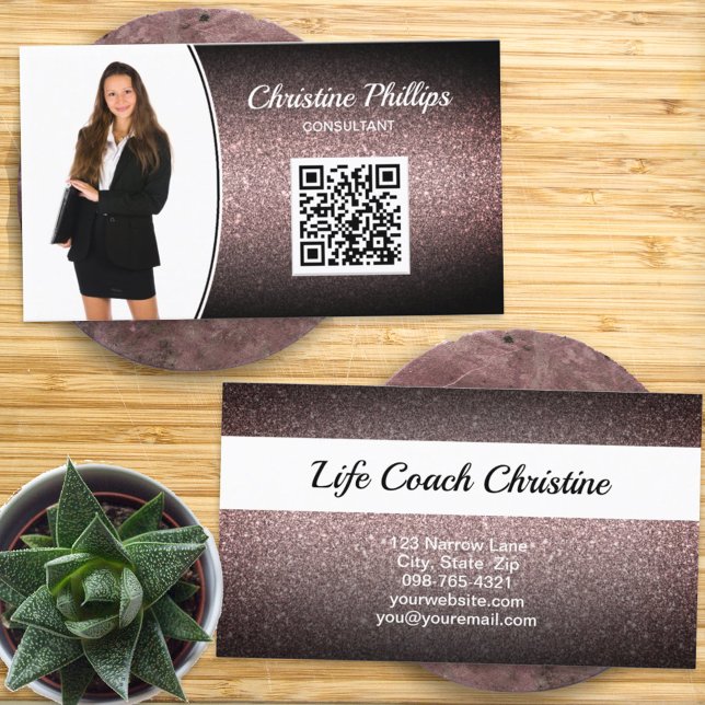 Professional Marsala Ombre Glitter Custom Photo QR Business Card (Creator Uploaded)
