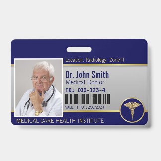 Professional Medical Caduceus Gold Blue Photo ID Badge