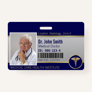 Professional Medical Caduceus Gold Blue Photo ID Badge