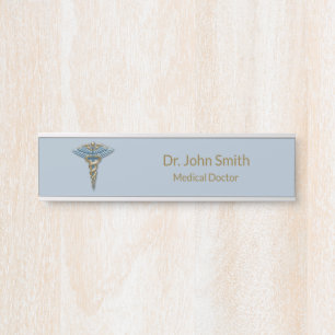 Professional Medical Fine Light Blue Gold Caduceus Door Sign