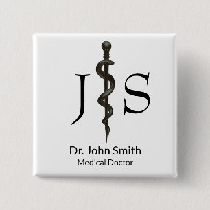 Professional Medical Simple Asclepius Black White 2 Inch Square Button