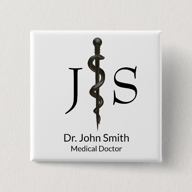 Professional Medical Simple Asclepius Black White 2 Inch Square Button (Front)