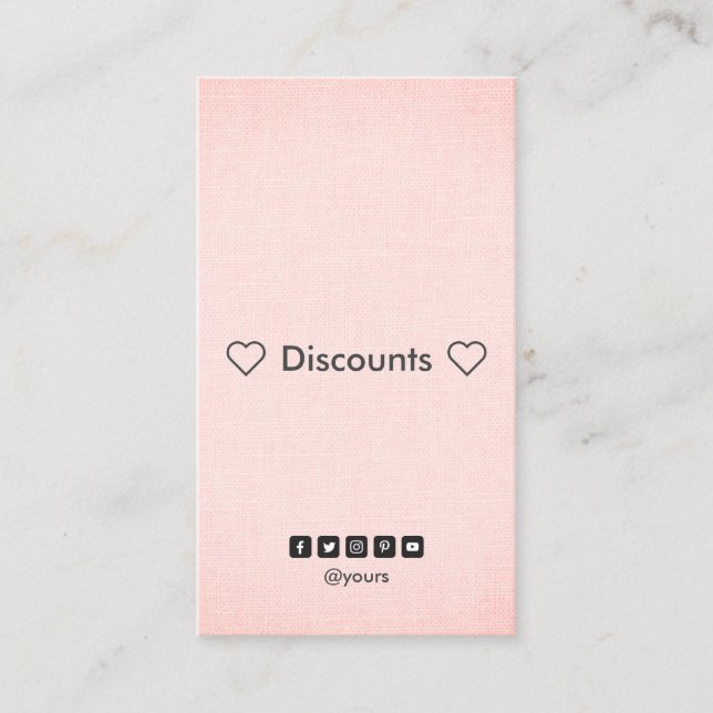 Professional Minimal Blush Linen Discount Vertical Business Card (Front)