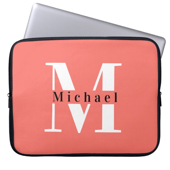 Professional Minimal Coral Initial + Name Monogram Laptop Sleeve (Front)