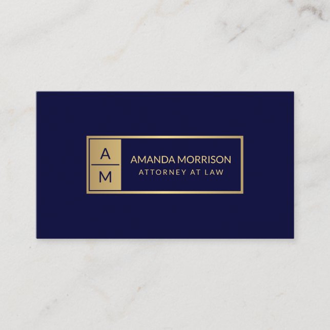 Professional Minimal Monogram Gold/Navy Attorney Business Card (Front)