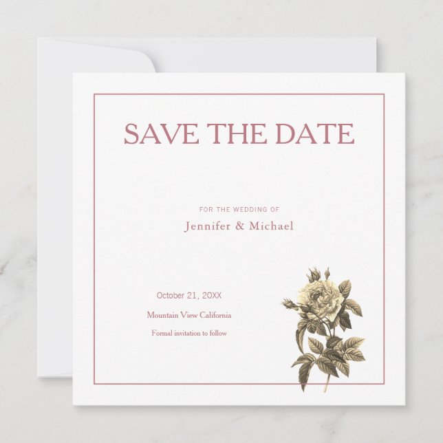 Professional Minimal Rose Gold Sepia Colour Floral Save The Date (Front)