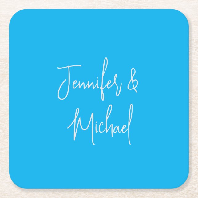 Professional minimalist azure blue calligraphy square paper coaster (Front)