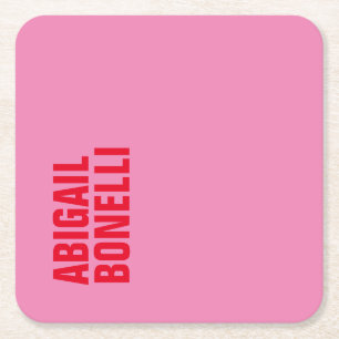 Professional minimalist bold modern pink red name square paper coaster