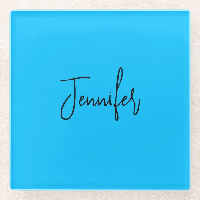 Professional minimalist calligraphy name sky blue glass coaster (Front)
