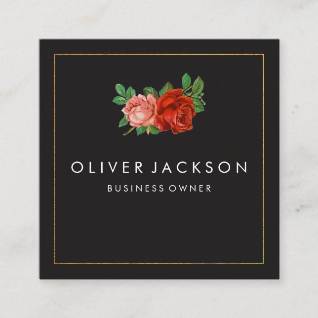 Professional Minimalist Gold Border Elegant Roses Square Business Card (Front)