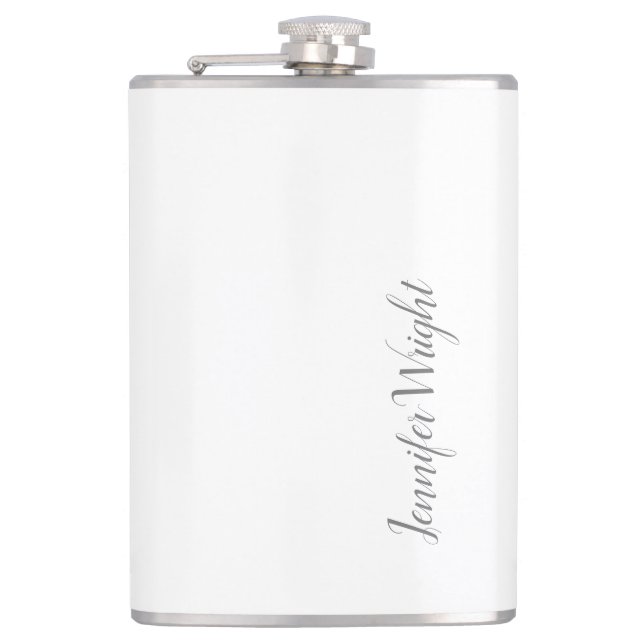 Professional minimalist handwriting grey white hip flask (Front)