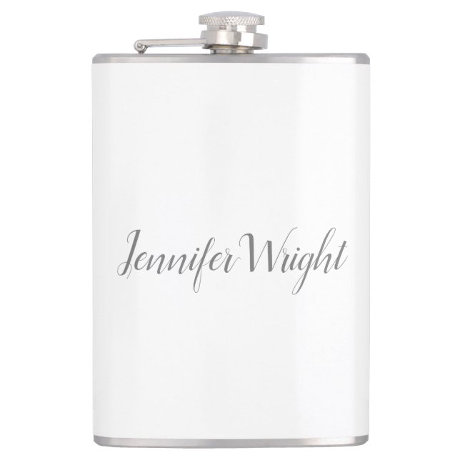 Professional minimalist handwriting grey white hip flask (Front)