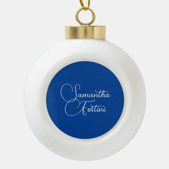 Professional minimalist handwriting name blue ceramic ball christmas ornament (Front)