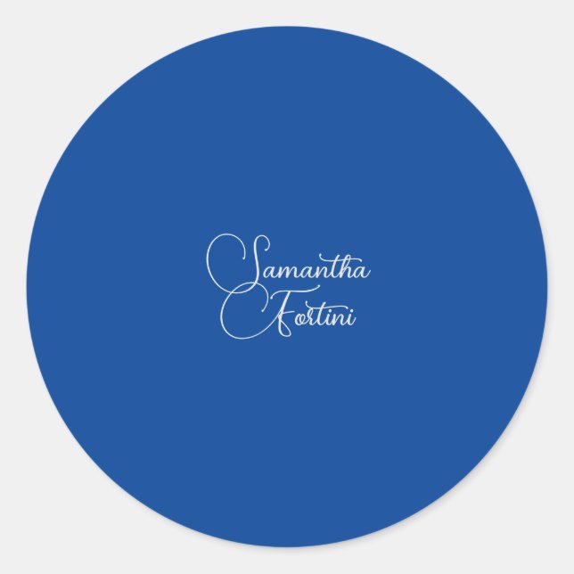 Professional minimalist handwriting name blue classic round sticker (Front)
