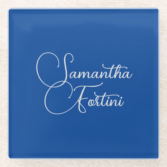Professional minimalist handwriting name blue glass coaster (Front)