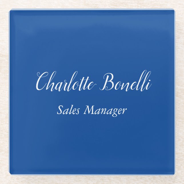 Professional Minimalist Handwriting Name Blue Glass Coaster (Front)