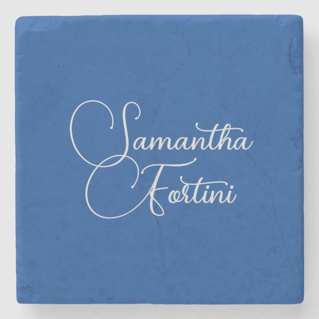 Professional minimalist handwriting name blue stone coaster (Front)