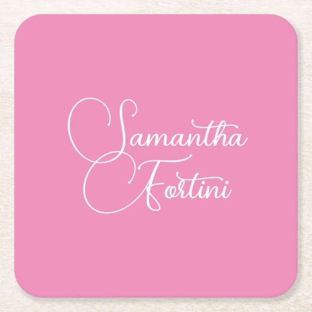 Professional minimalist handwriting name pink square paper coaster (Front)