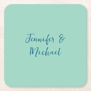 Professional minimalist light teal calligraphy square paper coaster