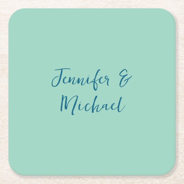 Professional minimalist light teal calligraphy square paper coaster (Front)