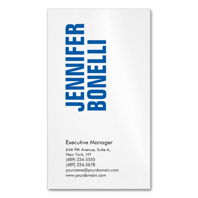 Professional minimalist modern bold blue white 	Magnetic business card (Front Vertical)